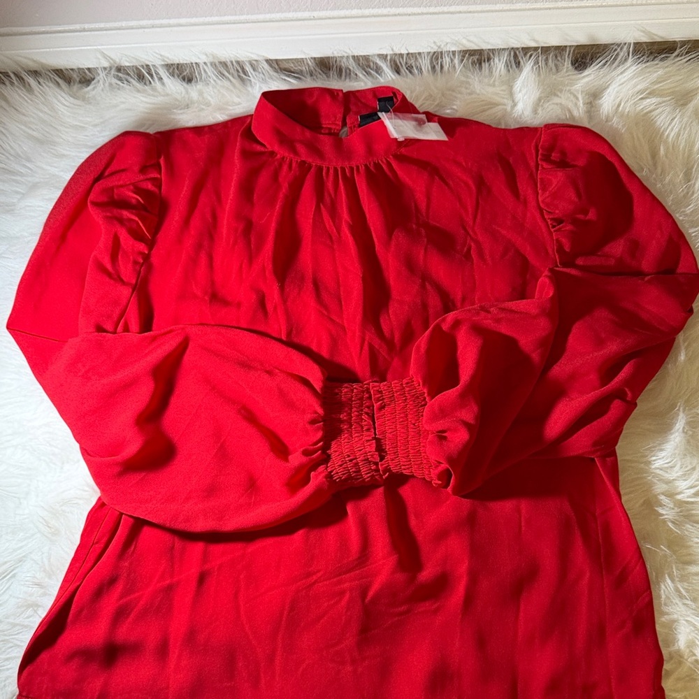New York & Company Vibrant Red Smock Neck Luxe  Blouse